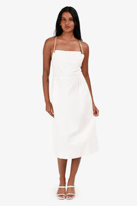 Prada 2023 White Linen/Cotton Brown Leather Strap Midi Dress Size 38