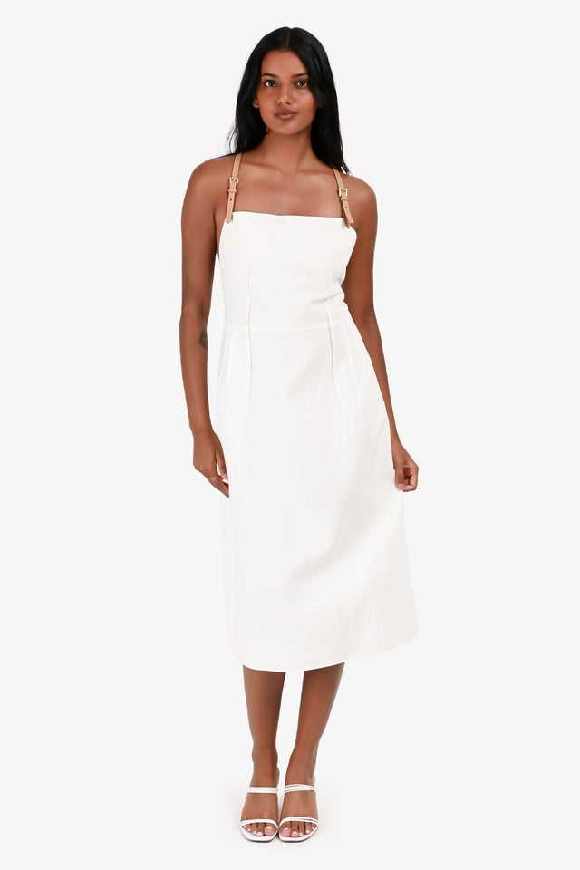Prada 2023 White Linen/Cotton Brown Leather Strap Midi Dress Size 38