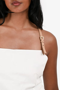 Prada 2023 White Linen/Cotton Brown Leather Strap Midi Dress Size 38