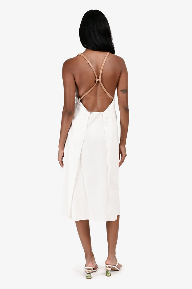 Prada 2023 White Linen/Cotton Brown Leather Strap Midi Dress Size 38