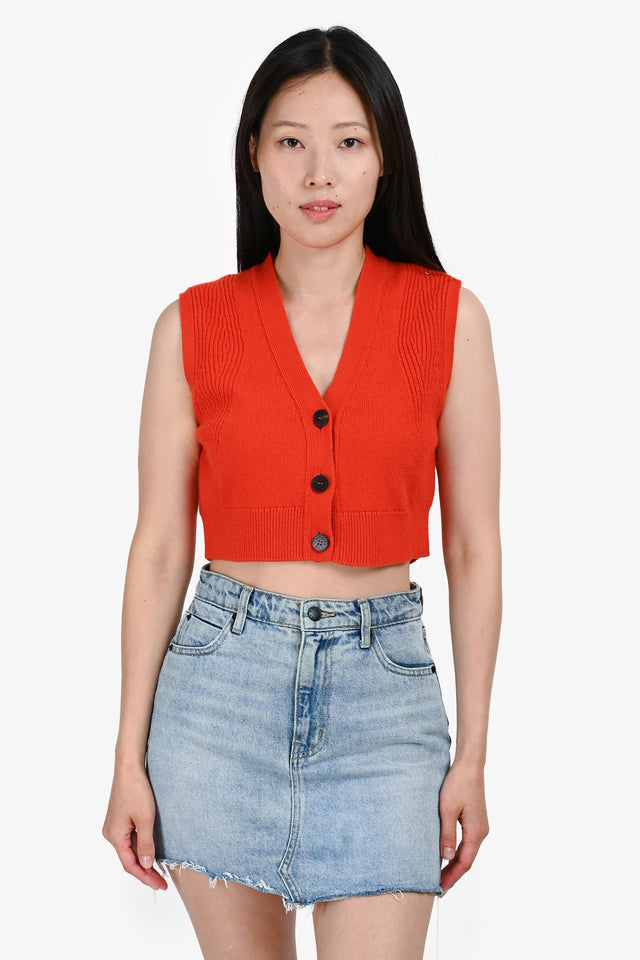Hermes Orange Cashmere Cropped Button-Up Sweater Vest Size 38