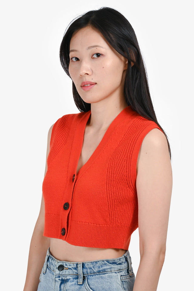 Hermes Orange Cashmere Cropped Button-Up Sweater Vest Size 38