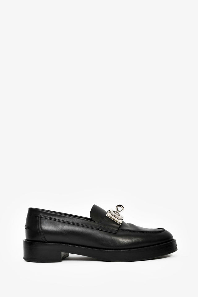 Hermes Black Leather Oversized Kelly Buckle Hot Loafers Size 39