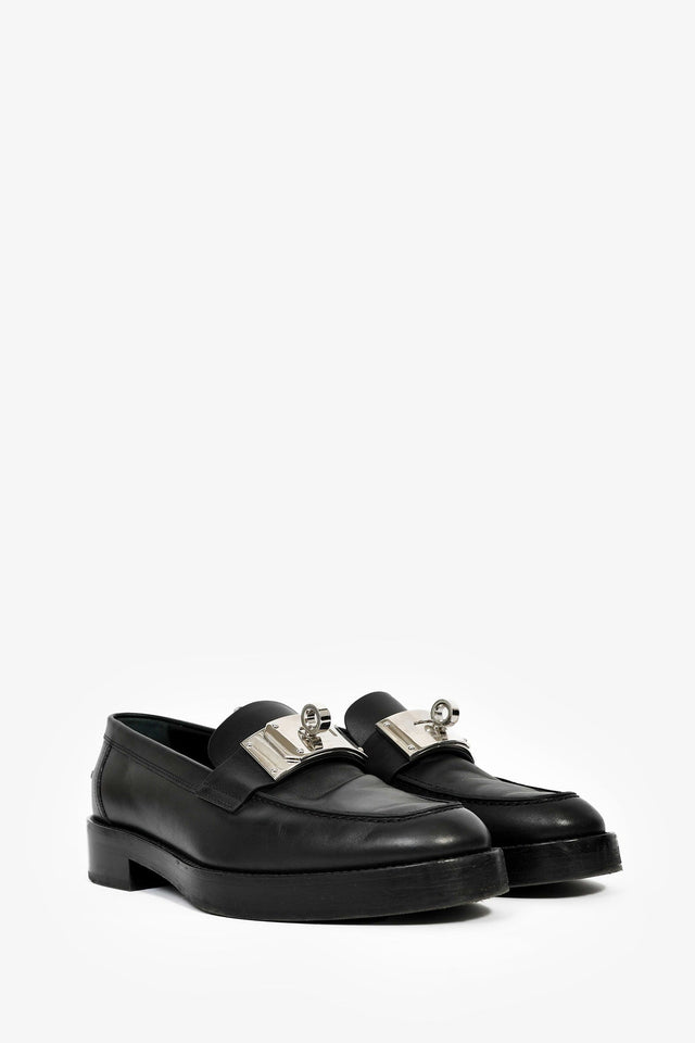 Hermes Black Leather Oversized Kelly Buckle Hot Loafers Size 39