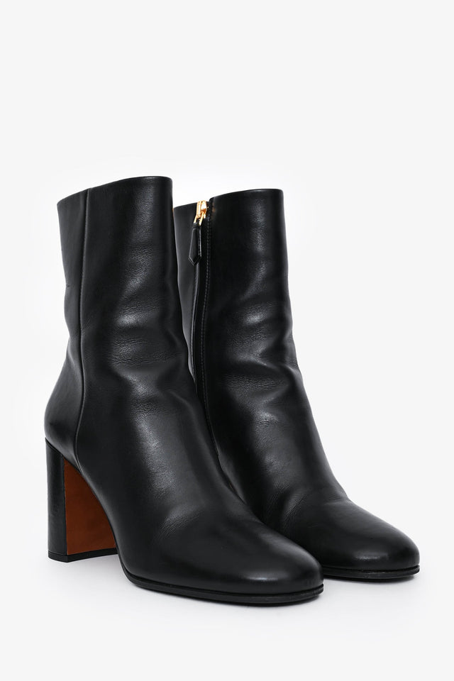 Prada Black Leather Block Heel Ankle Boots Size 35.5