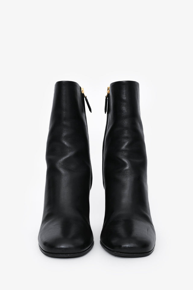 Prada Black Leather Block Heel Ankle Boots Size 35.5