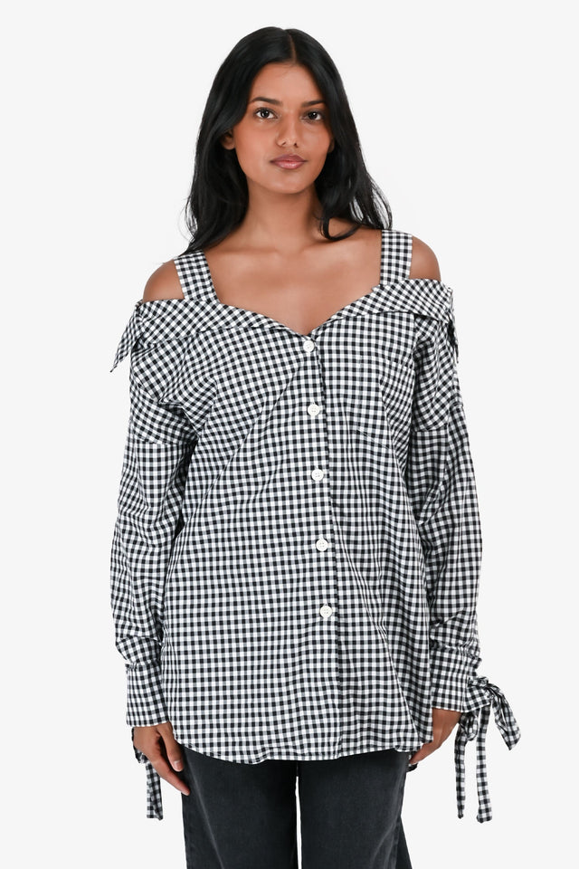 Prada 2018 Black & White Gingham Off The Shoulder Shirt Size 36