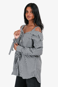 Prada 2018 Black & White Gingham Off The Shoulder Shirt Size 36