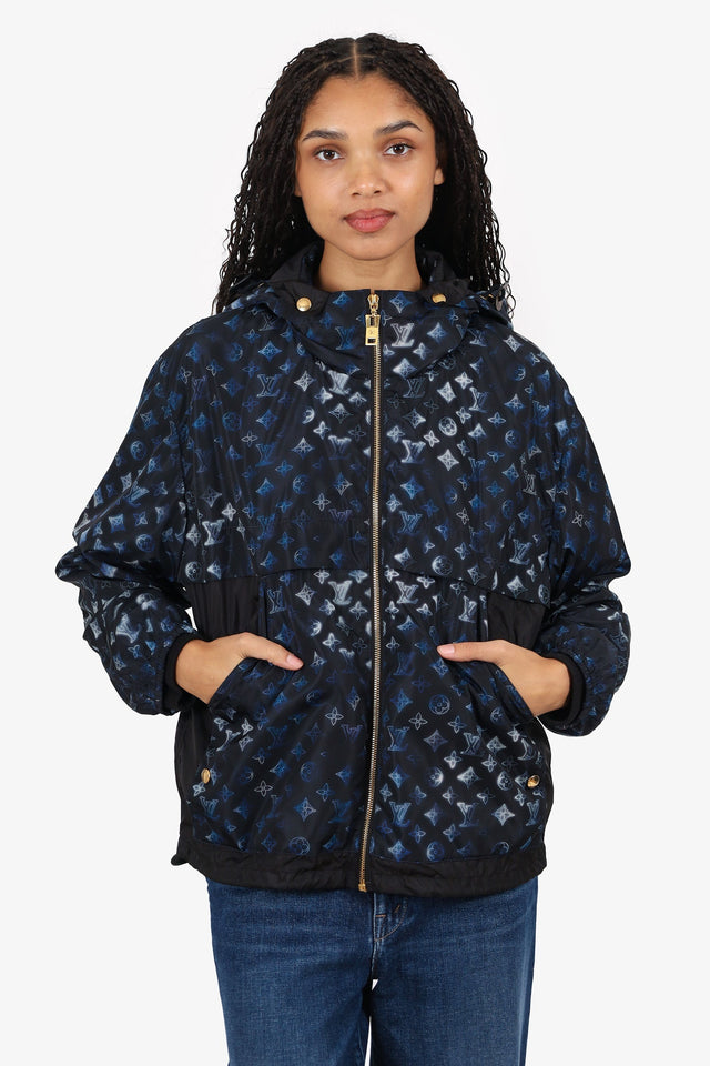 Louis Vuitton Black/Blue Nylon Monogram Cinched Waist Hooded Parka Size 38 w/Tags