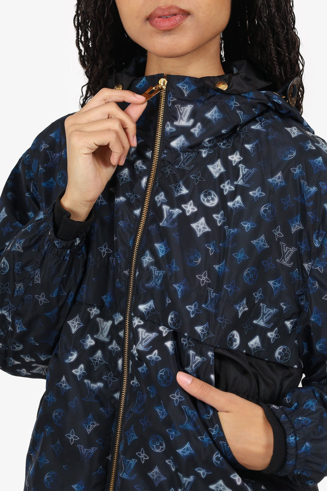 Louis Vuitton Black/Blue Nylon Monogram Cinched Waist Hooded Parka Size 38 w/Tags