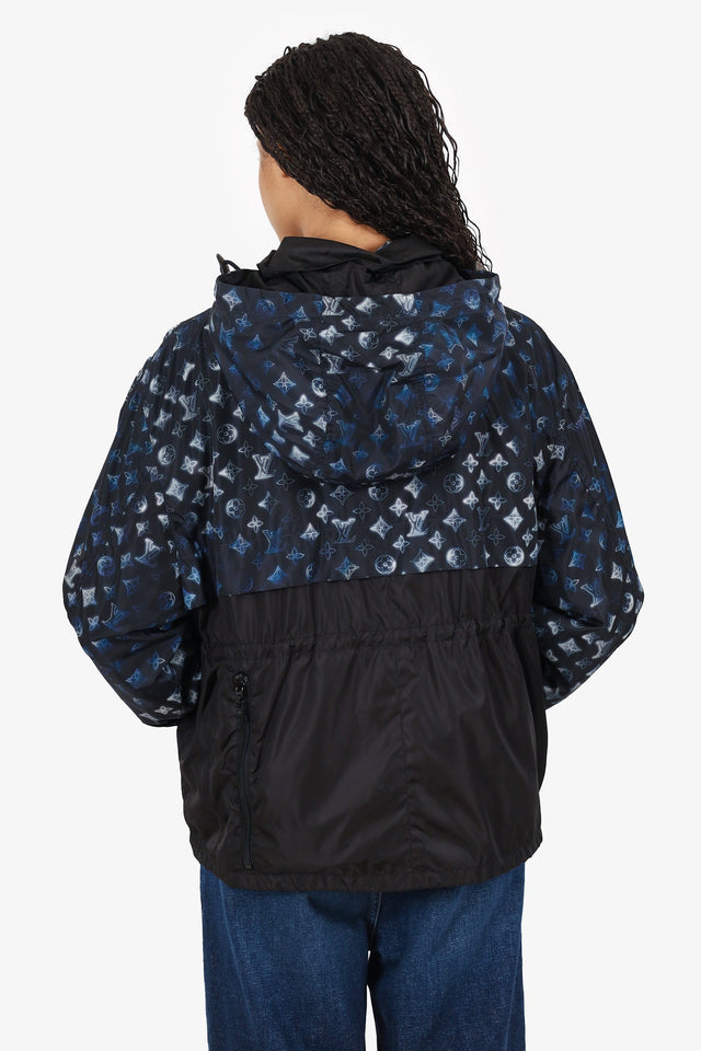 Louis Vuitton Black/Blue Nylon Monogram Cinched Waist Hooded Parka Size 38 w/Tags