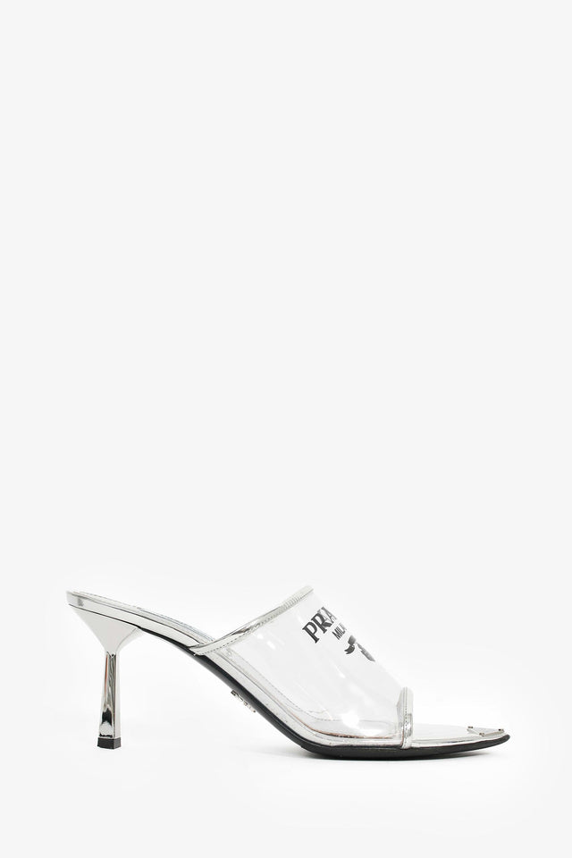 Prada Silver Vinyl Logo Mules Size 39