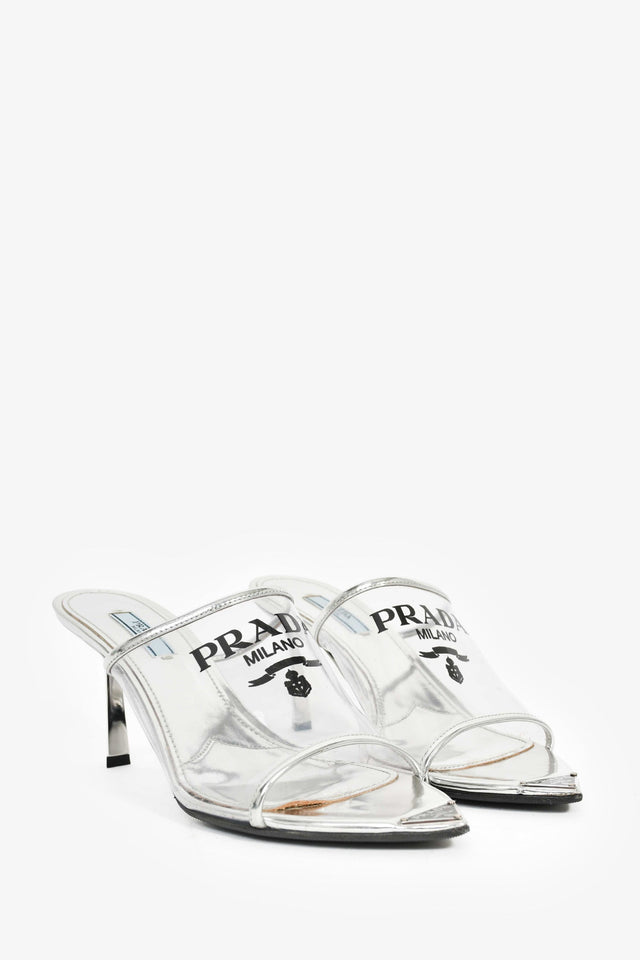 Prada Silver Vinyl Logo Mules Size 39