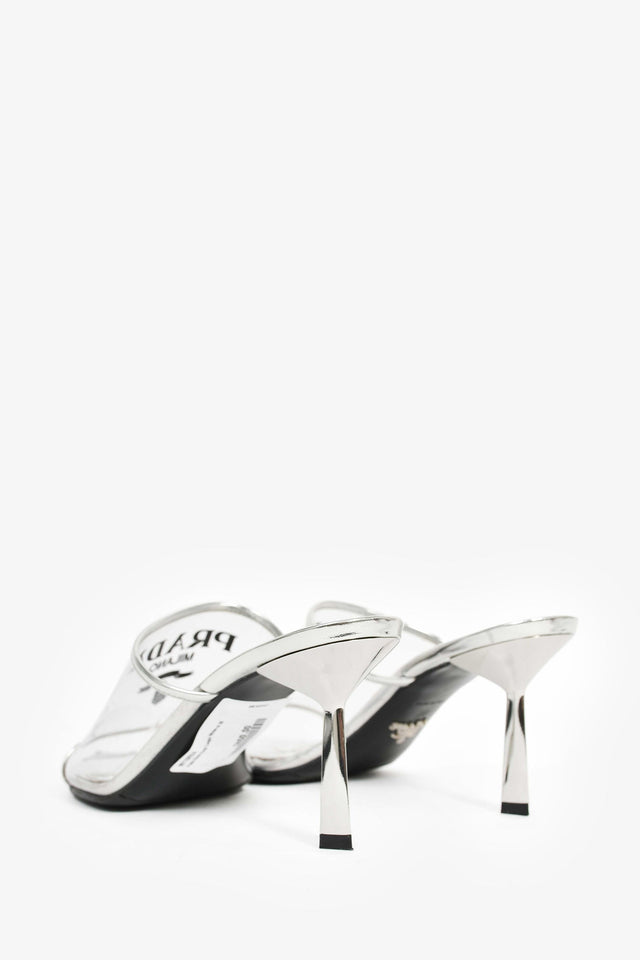 Prada Silver Vinyl Logo Mules Size 39