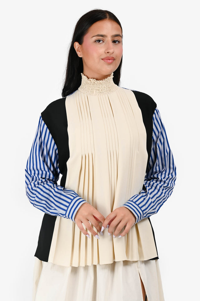 Prada 2020 Cream/Multicolour Striped Pleated Blouse Size 42