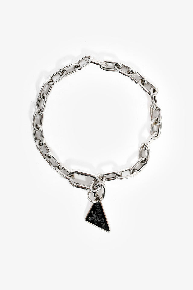Prada Silver Tone Triangle Logo Charm Bracelet