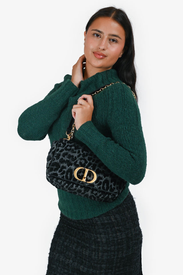 Christian Dior 2021 Black Grey Velvet Leopard Print Medium Caro Bag