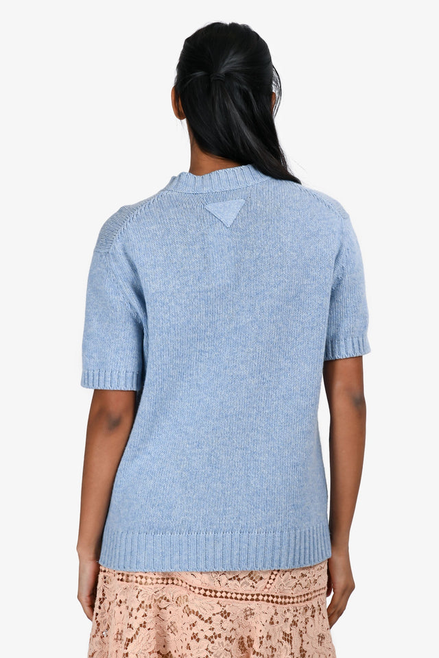 Prada 2019 Blue Wool/Cashmere Short Sleeve Sweater Size 36
