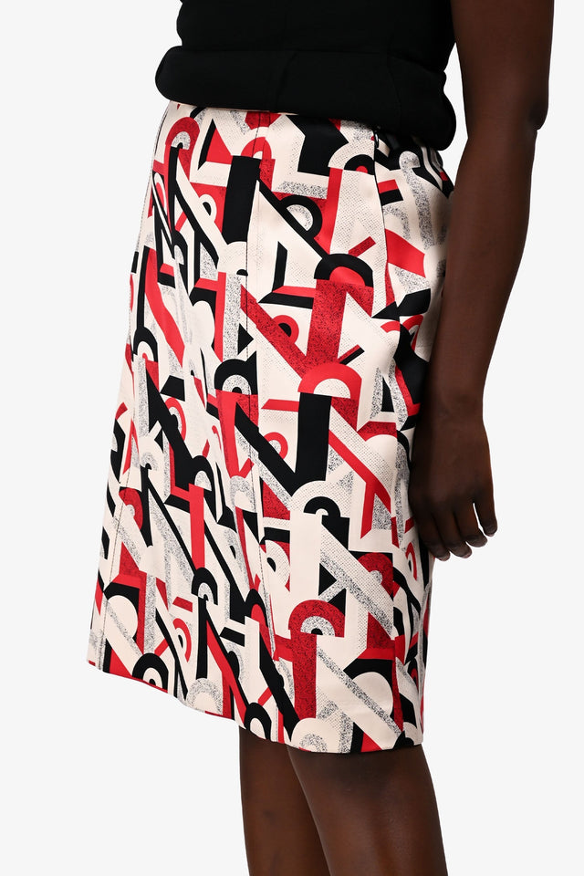 Prada 2017 Cream/Red Silk Graphic Printed Midi Skirt Size 46