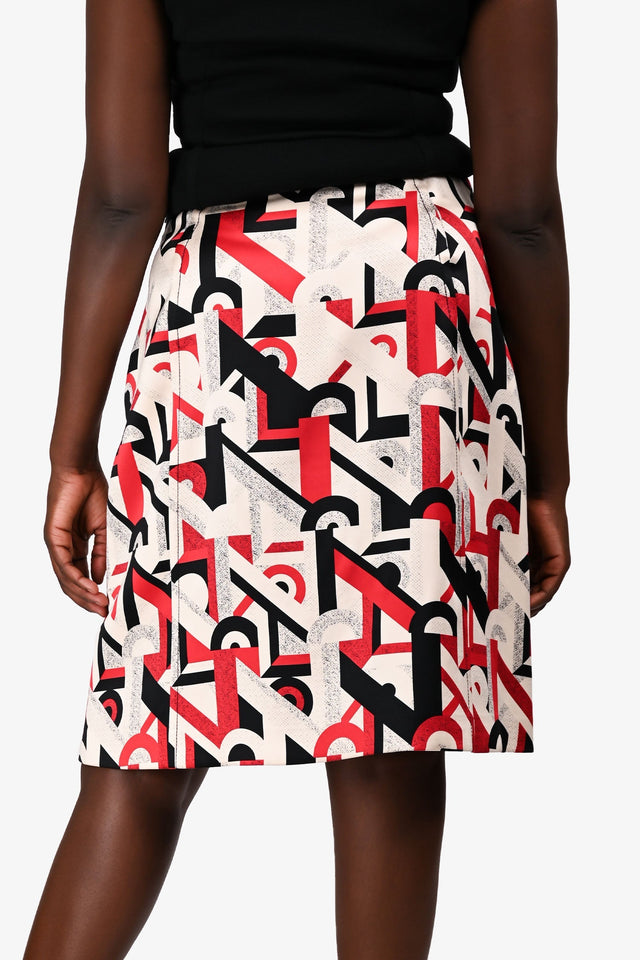 Prada 2017 Cream/Red Silk Graphic Printed Midi Skirt Size 46
