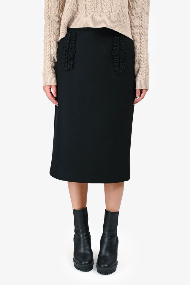 Prada 2016 Black Wool Braid Detail Midi Skirt Size 38