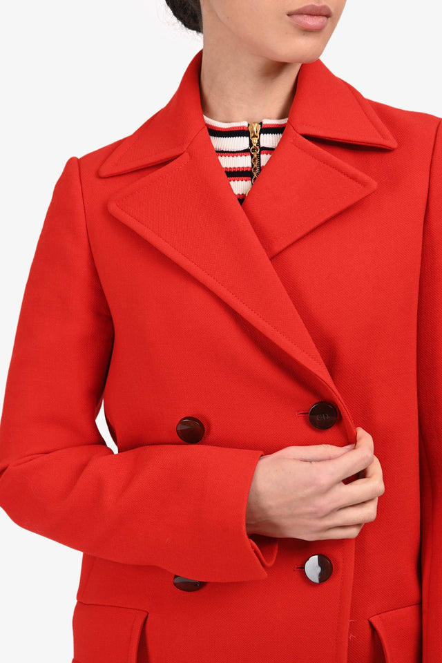 Christian Dior Red Wool Black Buttoned Midi Coat Size 6
