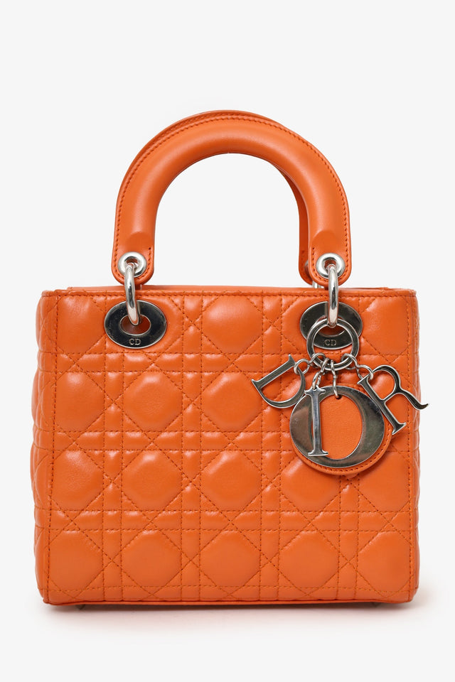 Christian Dior 2016 Orange Leather Cannage Small Lady Dior With Strap