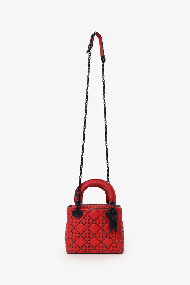 Christian Dior 2018 Red Studded Lambskin Cannage Supple Mini Lady Dior