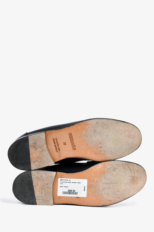 Hermes Black Leather 'Kennedy' Loafers Size 38