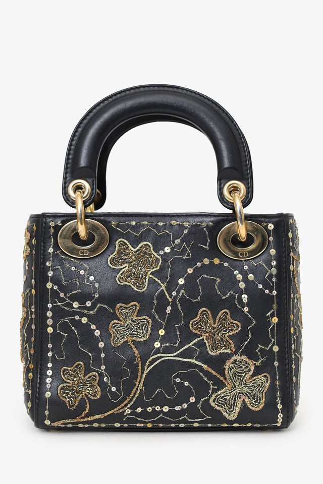 Christian Dior 2018 Black Leather Gold 'Clovers' Embroidered Mini Lady Dior