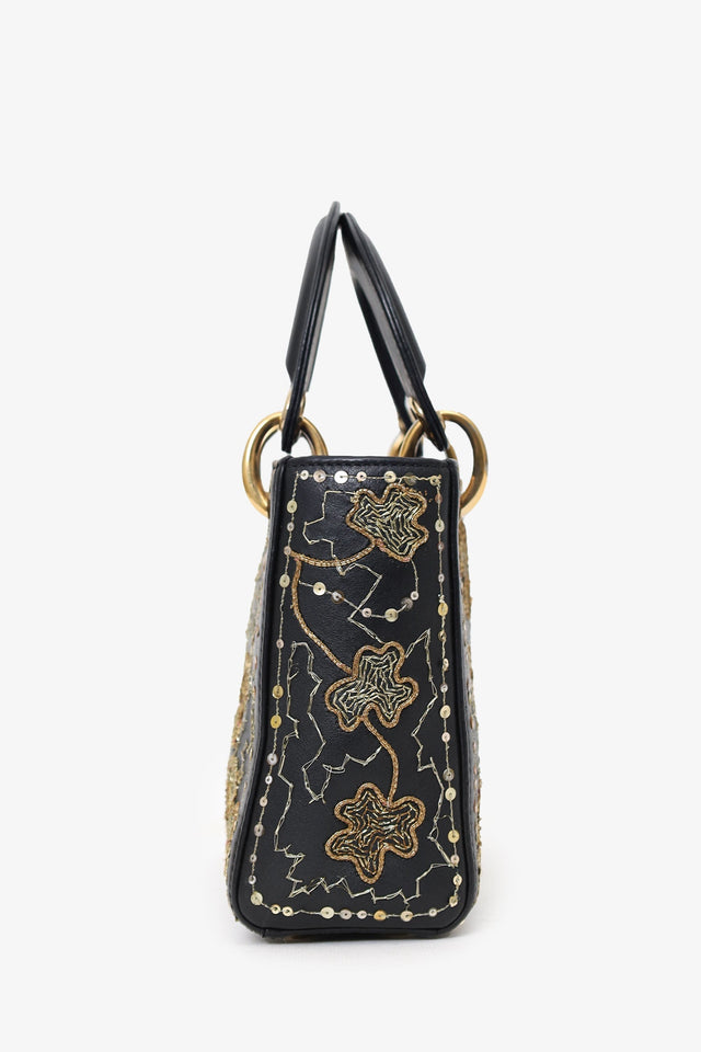 Christian Dior 2018 Black Leather Gold 'Clovers' Embroidered Mini Lady Dior