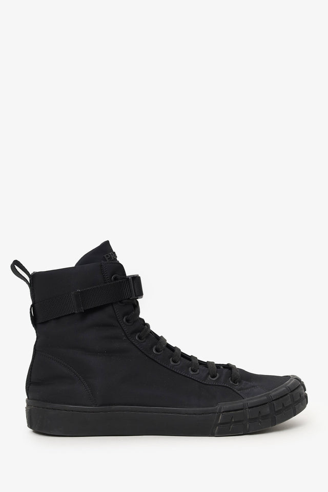 Prada Black Nylon Buckle Detail High Top Sneakers Size 10 Mens