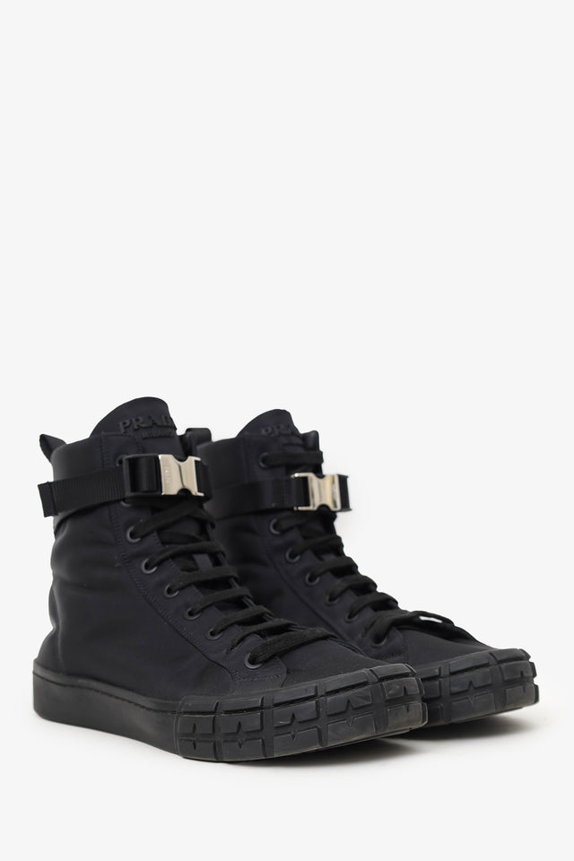 Prada Black Nylon Buckle Detail High Top Sneakers Size 10 Mens