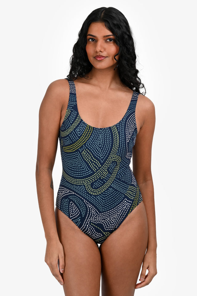 Hermes Blue Patterned One Piece Swimsuit with Pouch Size 34