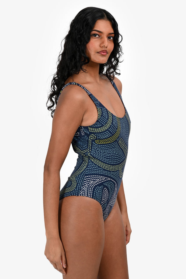Hermes Blue Patterned One Piece Swimsuit with Pouch Size 34