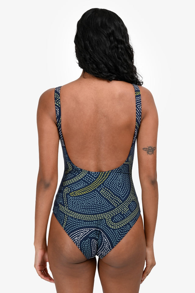 Hermes Blue Patterned One Piece Swimsuit with Pouch Size 34