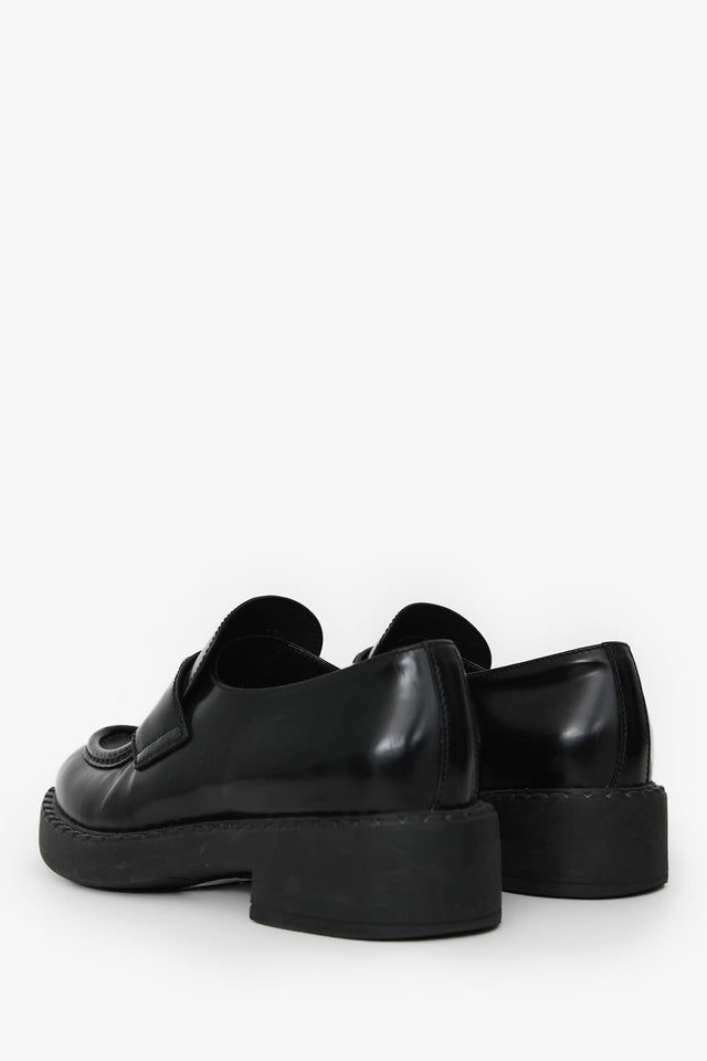 Prada Black Brushed Leather Logo Plaque Loafers Size 39.5