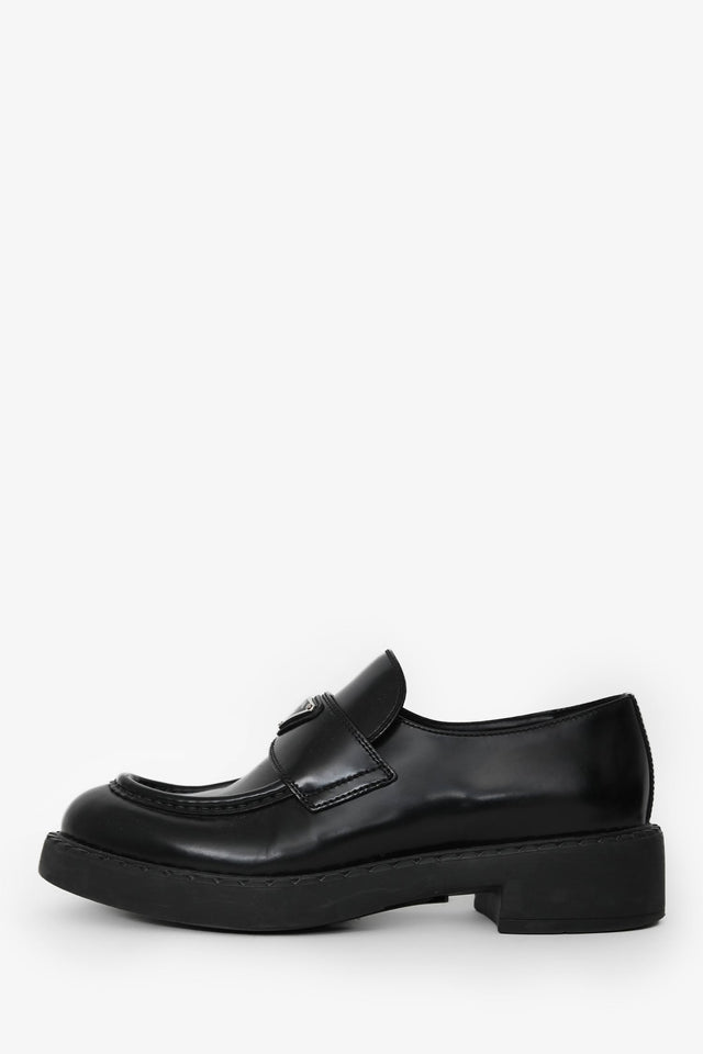 Prada Black Brushed Leather Logo Plaque Loafers Size 39.5