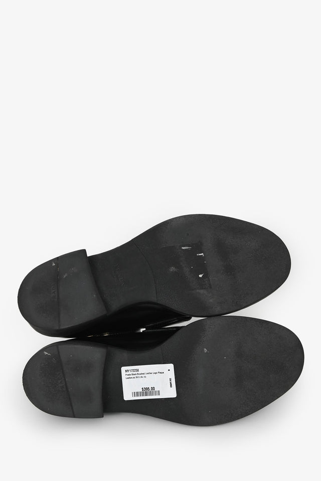 Prada Black Brushed Leather Logo Plaque Loafers Size 39.5