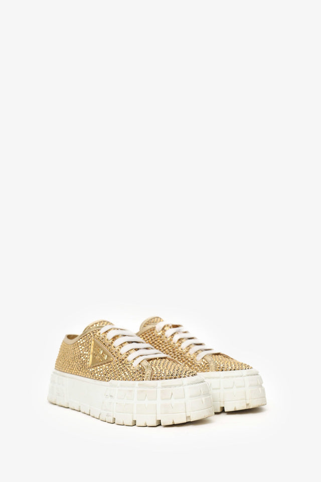 Prada Gold Metallic Satin/Leather Crystal Embellishments Sneakers Size 39
