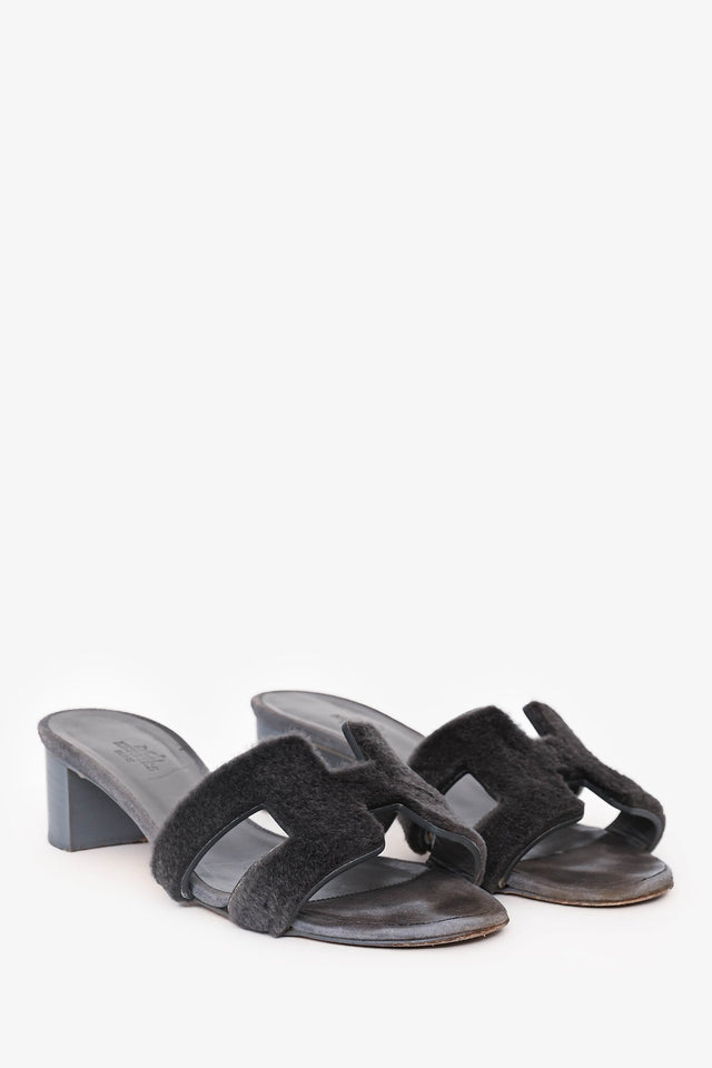 Hermes Grey Leather/Shaved Mink Fur Oasis Sandals Size 36