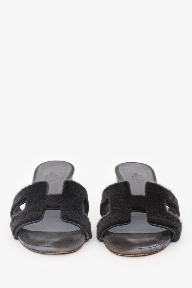 Hermes Grey Leather/Shaved Mink Fur Oasis Sandals Size 36