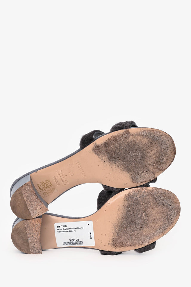 Hermes Grey Leather/Shaved Mink Fur Oasis Sandals Size 36