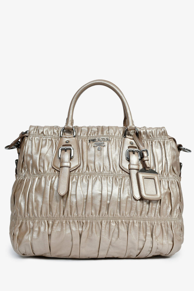 Prada Gold Metallic Nappa Gaufre Leather Top Handle Bag With Strap