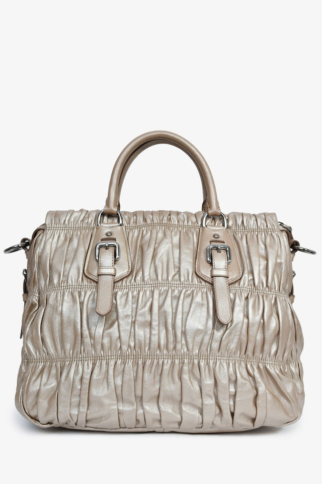 Prada Gold Metallic Nappa Gaufre Leather Top Handle Bag With Strap
