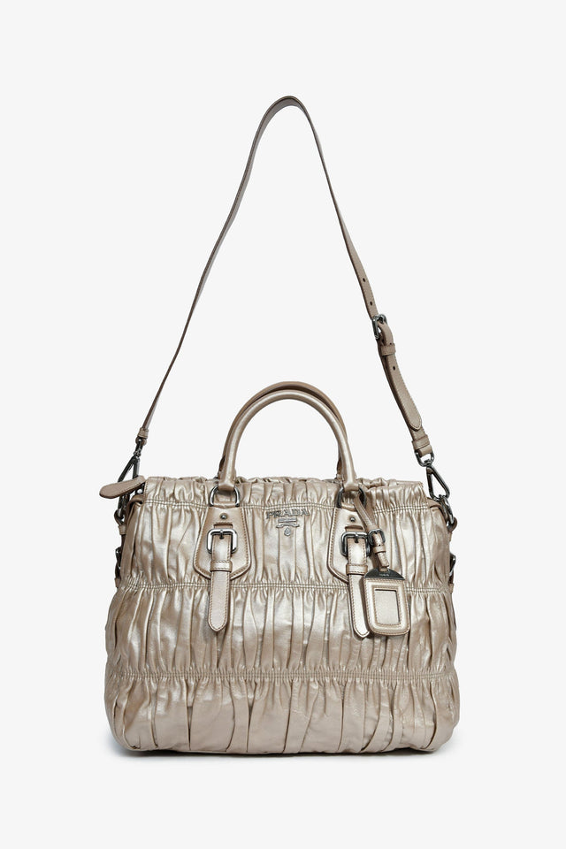 Prada Gold Metallic Nappa Gaufre Leather Top Handle Bag With Strap