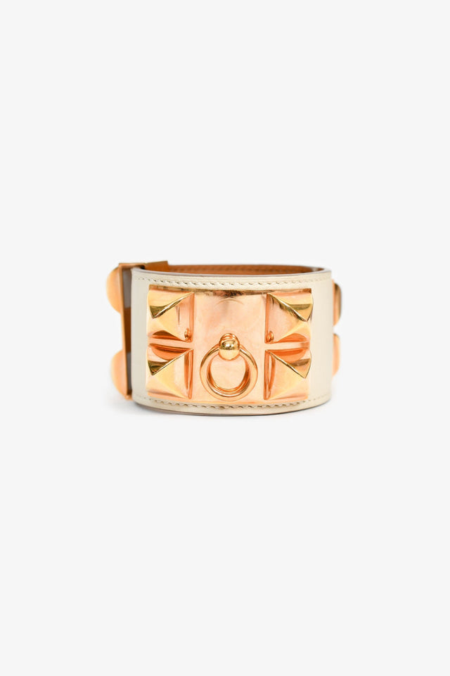 Hermes 2015 White Leather Gold Tone 'Collier de Chien' Bracelet