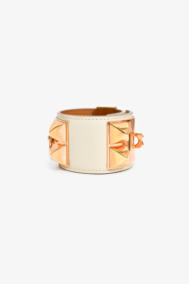 Hermes 2015 White Leather Gold Tone 'Collier de Chien' Bracelet