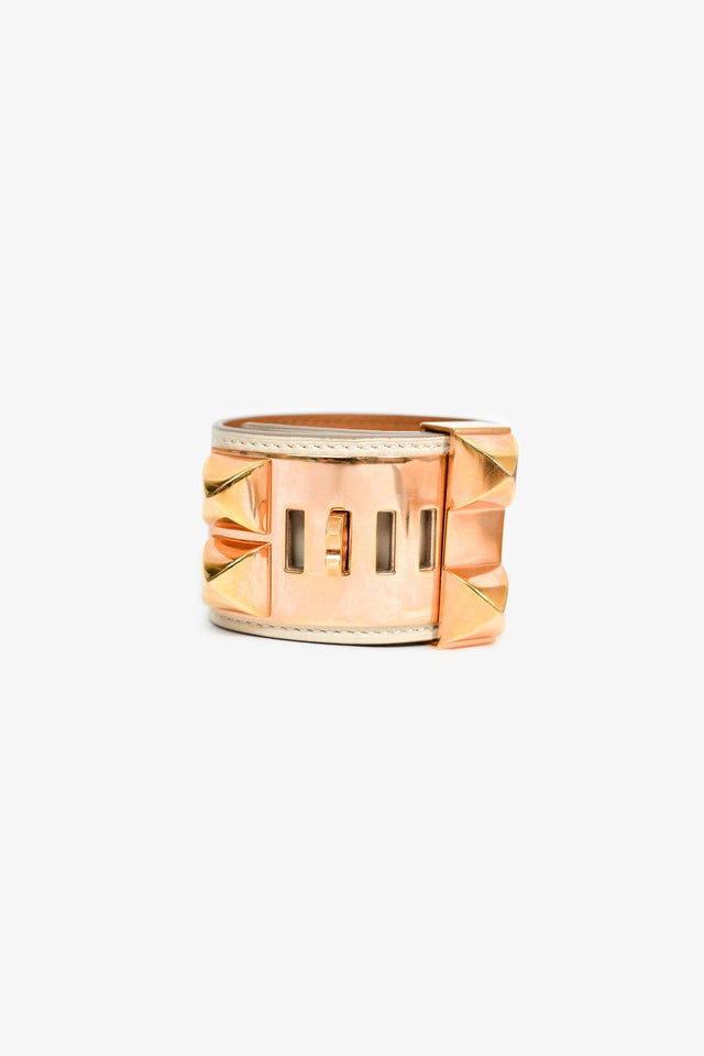 Hermes 2015 White Leather Gold Tone 'Collier de Chien' Bracelet