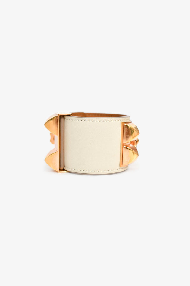 Hermes 2015 White Leather Gold Tone 'Collier de Chien' Bracelet